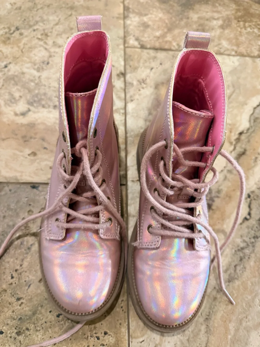 Holographic Pink Lace-Up Combat Boots